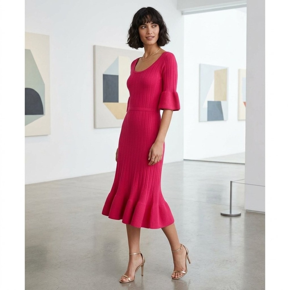 Herve Leger Pink Ribbed Knit Bell Sleeve Fit and Flare Midi Dress S